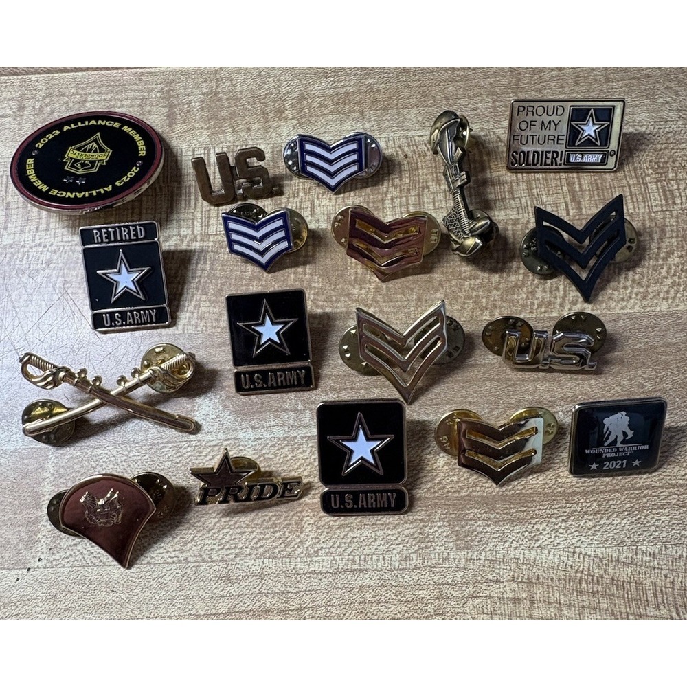 Vtg Military Lapel Pin Lot 18pc US Army Rank Chevron Hat Pinback Tie Tac Brooch